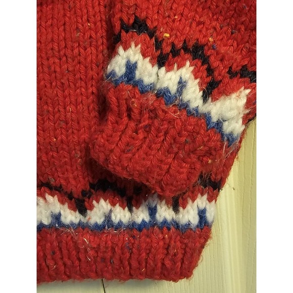 Hand Knit Toddler Sweater Wool Blend Fair Isle Red Crew Neck Unisex Cardigan - Picture 10 of 13